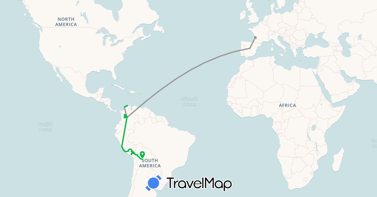 TravelMap itinerary: driving, bus, plane in Bolivia, Colombia, Spain, France, Peru (Europe, South America)